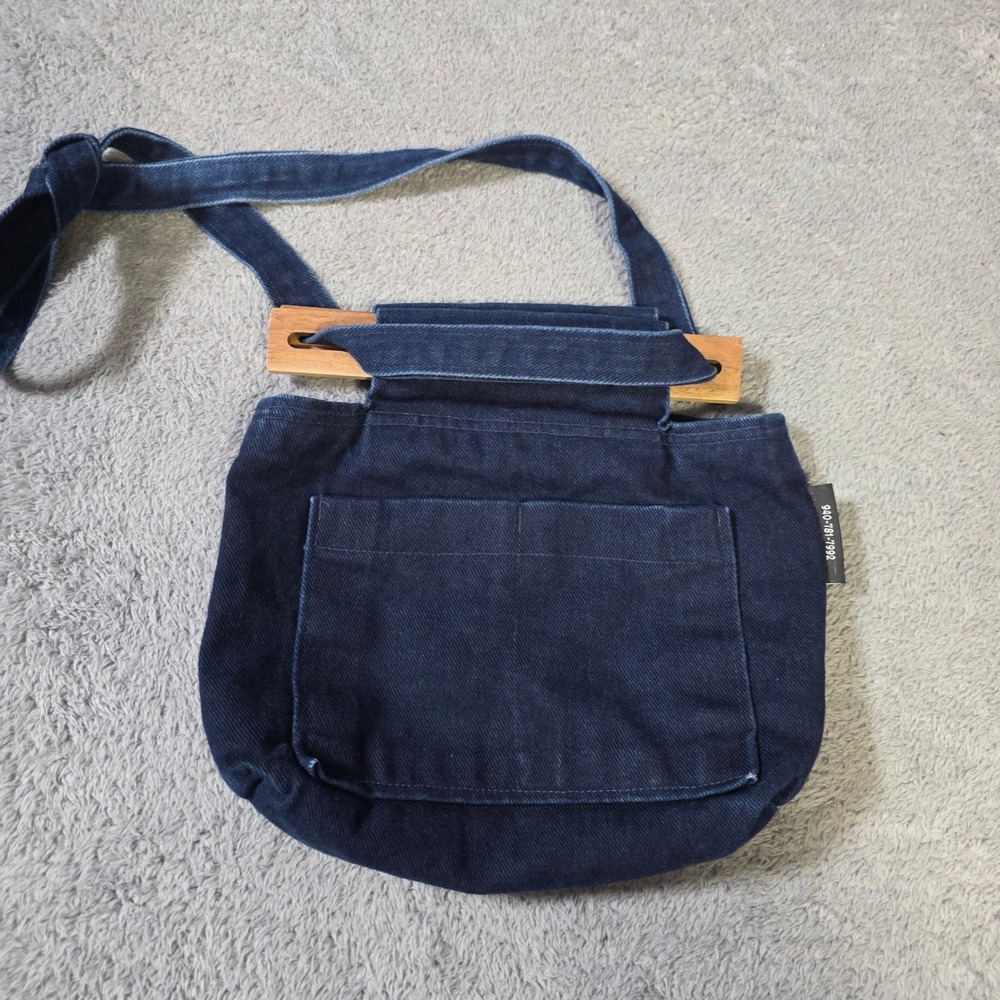 Perfect Purse Womens Small Crossbody Bag Dark Blue Denim Wood Handle‎ Boho 2812
